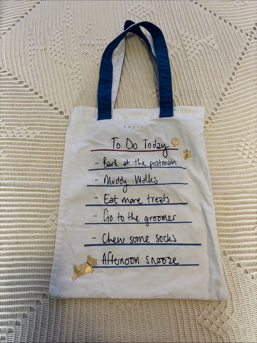 RADLEY LONDON white  Canvas Tote with Navy Handles and Gold Accents